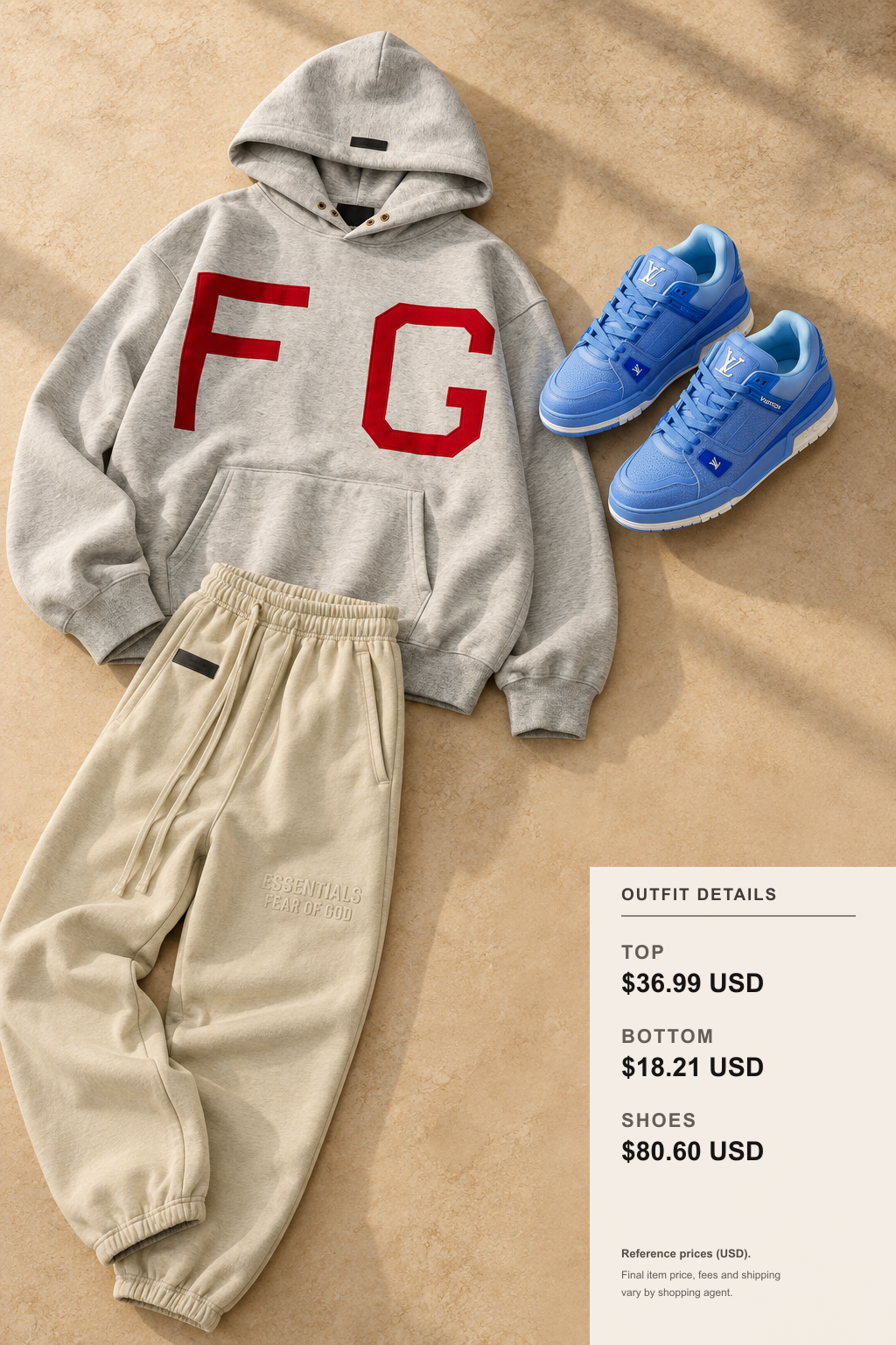 Fear of God Essentials Hoodie Fall Layering outfit 2 editorial flat lay for fashionreps